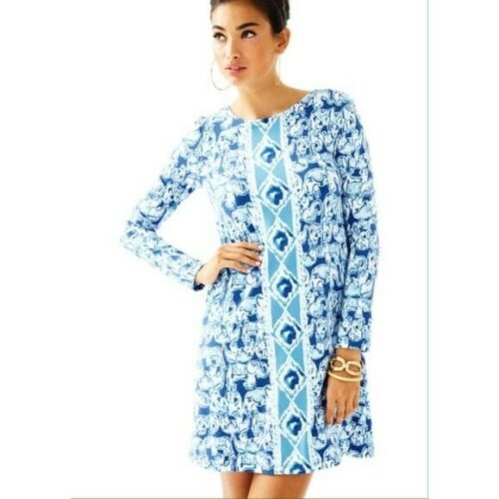 Lilly Pulitzer Ophelia Blue Swing Dress "Get Trunky" Size L Like-new